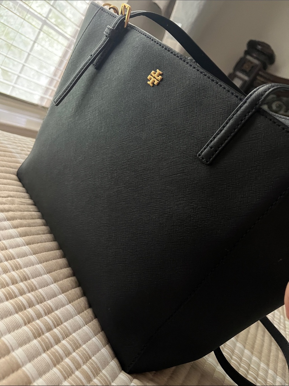 Tory Burch Black Saffiano Tote with Gold Logo